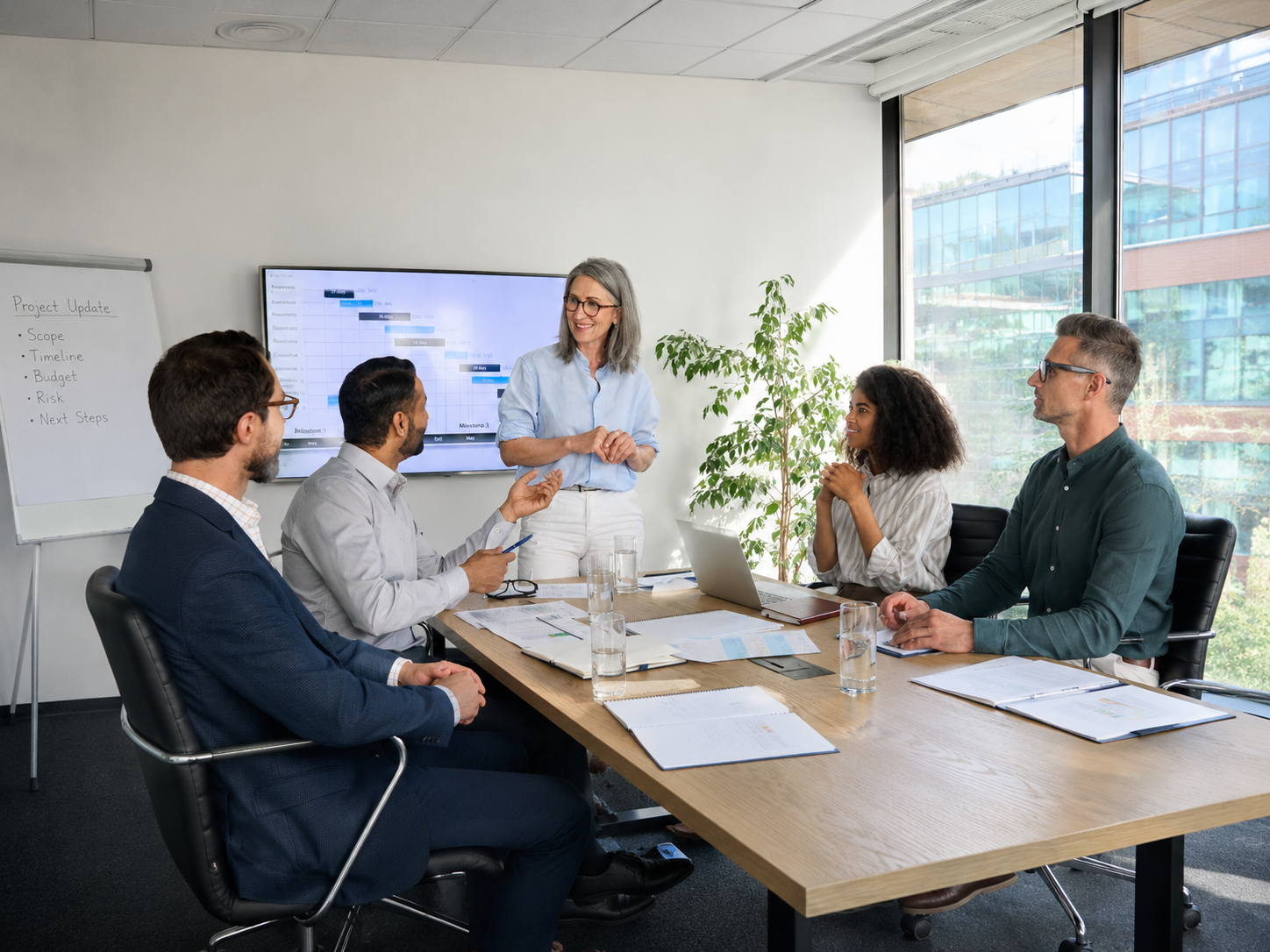 Project team reviewing a schedule together in a boardroom